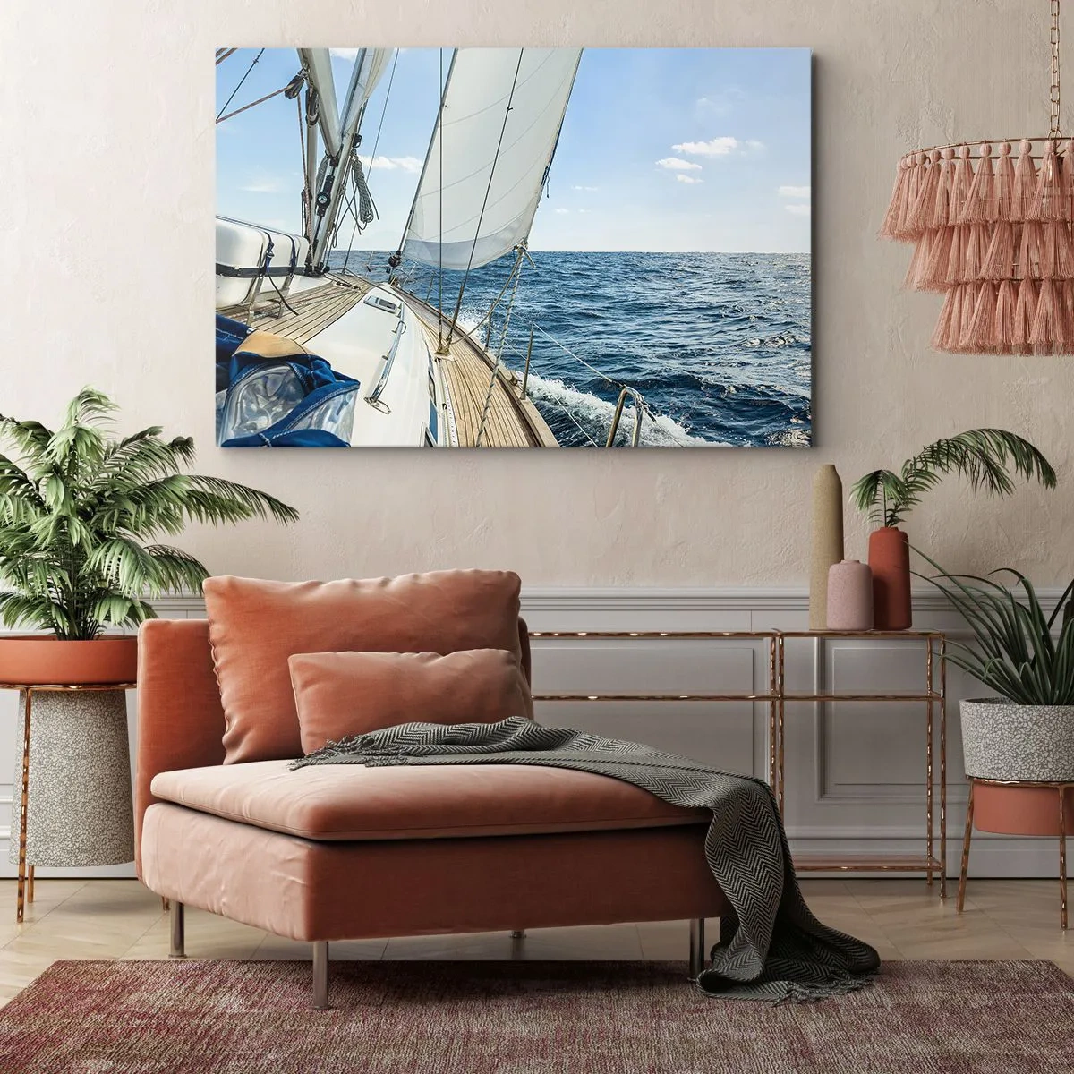 Tablou pe pânză Canvas - O barcă cu pânze pe o mare calmă sub un cer albastru - 70x50cm - Ahoy aventura - Decorațiune modernă pentru perete pentru living și dormitor ARTTOR