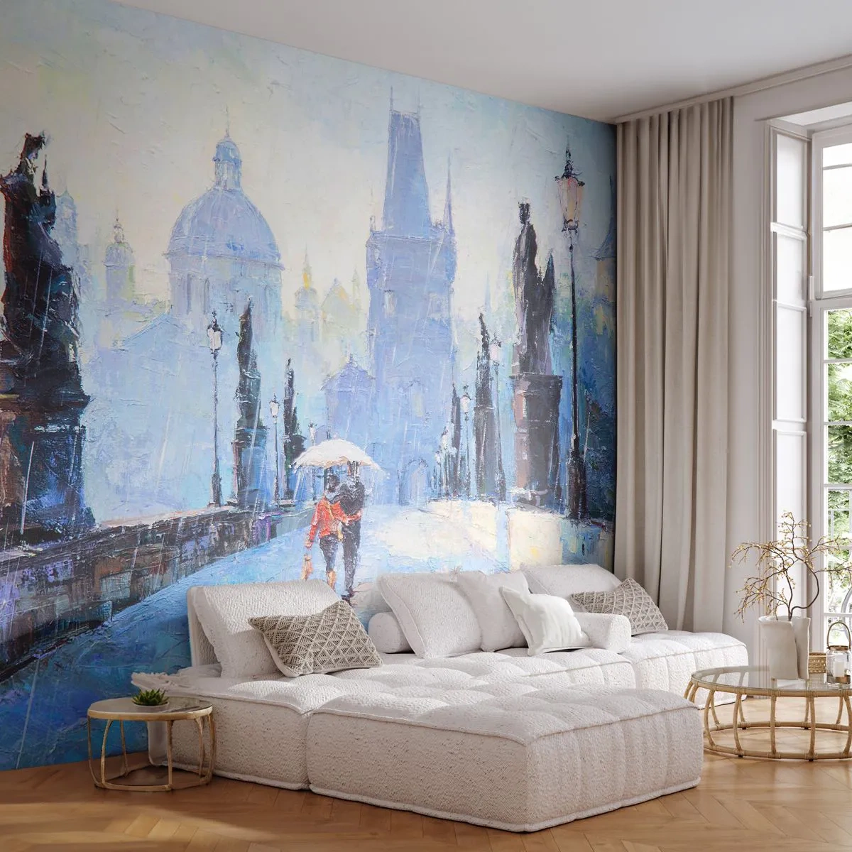 Tapet Premium Sand - Probabil că am fost vrăjiți de ploaie - Oraș, Praga, Podul Carol - 100x70 cm