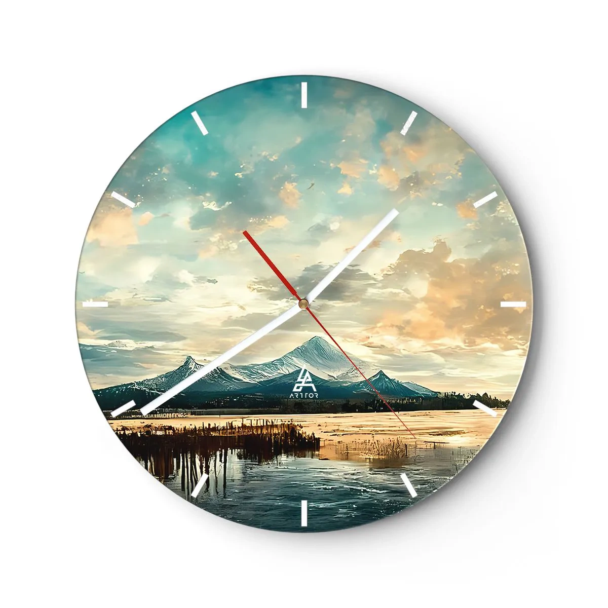 Ceas de perete - Ceas pe sticlă - Vârfuri de munți acoperite de zăpadă reflectate pe suprafața lacului - 30x30cm - Sub protecția cerului - Decorațiune modernă pentru perete pentru living, bucătărie și dormitor ARTTOR