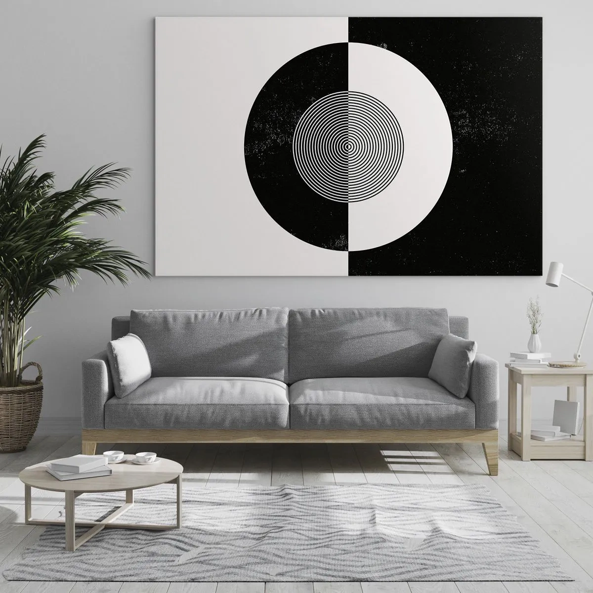 Tablou pe sticlă - Model geometric de simetrie alb-negru - 70x50cm - Armonie în alb și negru - Decorațiune modernă pentru perete pentru living și dormitor ARTTOR