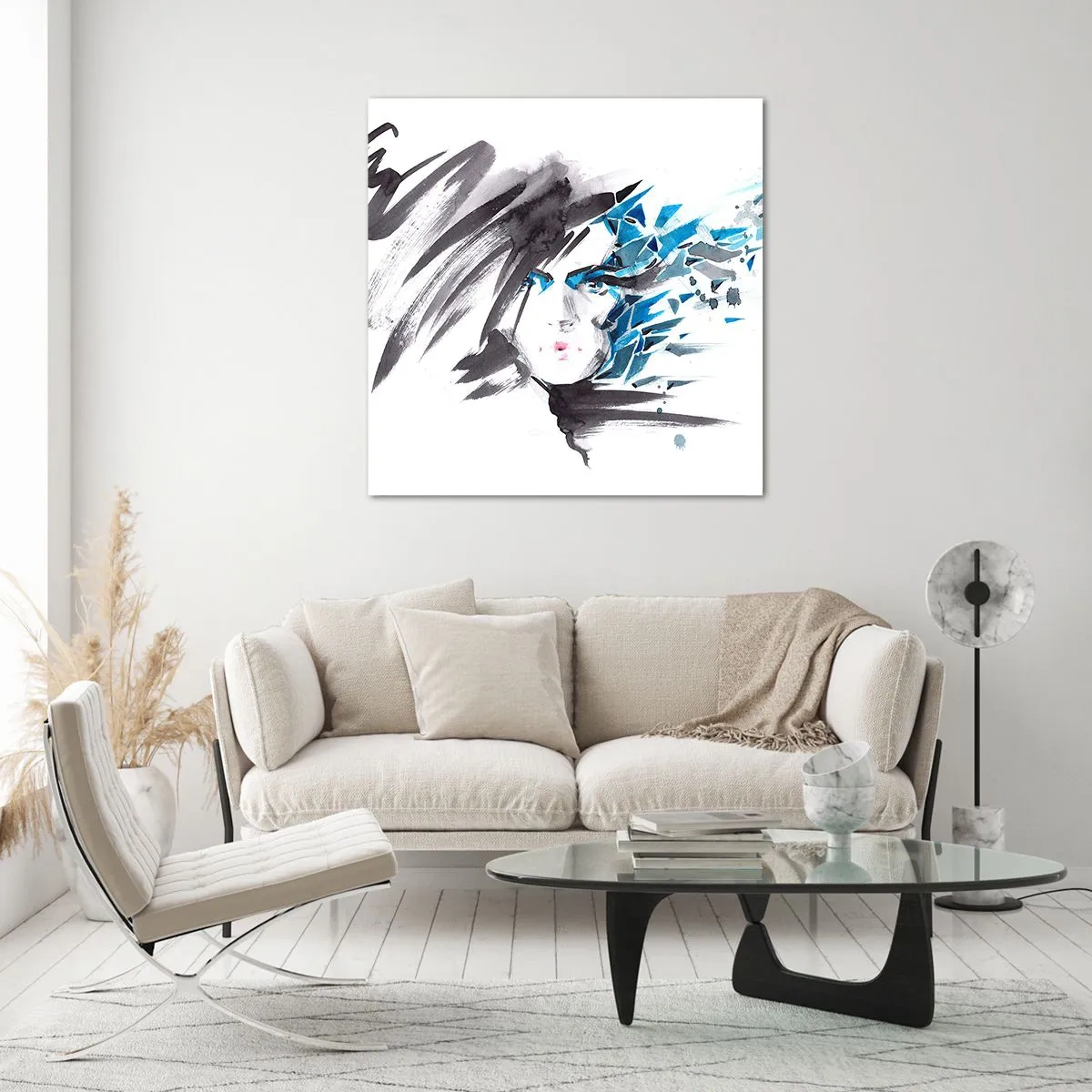 Tablou pe sticlă - Portret senzual în gri și albastru - 40x40 cm