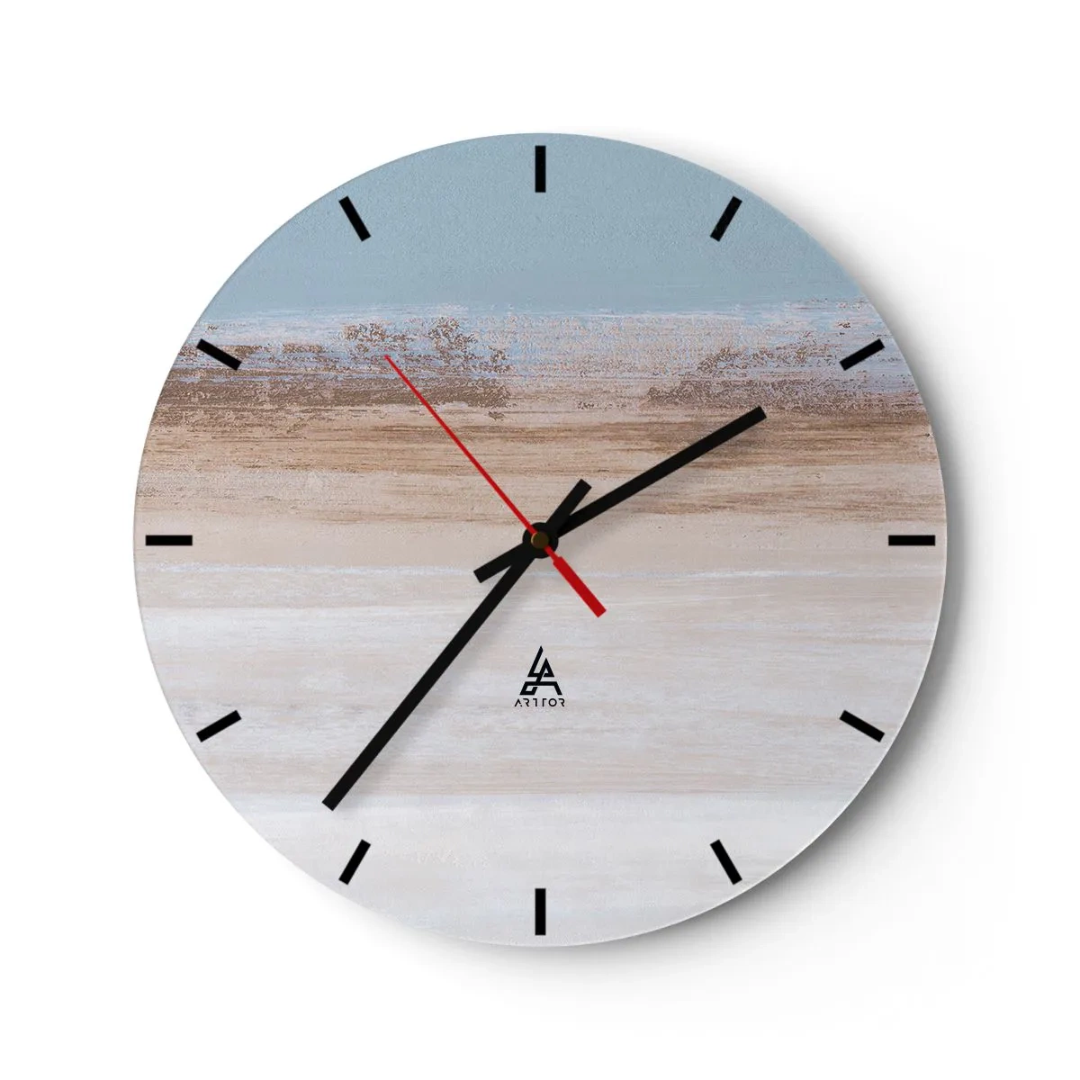 Ceas de perete - Ceas pe sticlă - Peisaj pastel cu dungi orizontale de albastru și bej. - 30x30cm - Un peisaj ambiguu - Decorațiune modernă pentru perete pentru living, bucătărie și dormitor ARTTOR