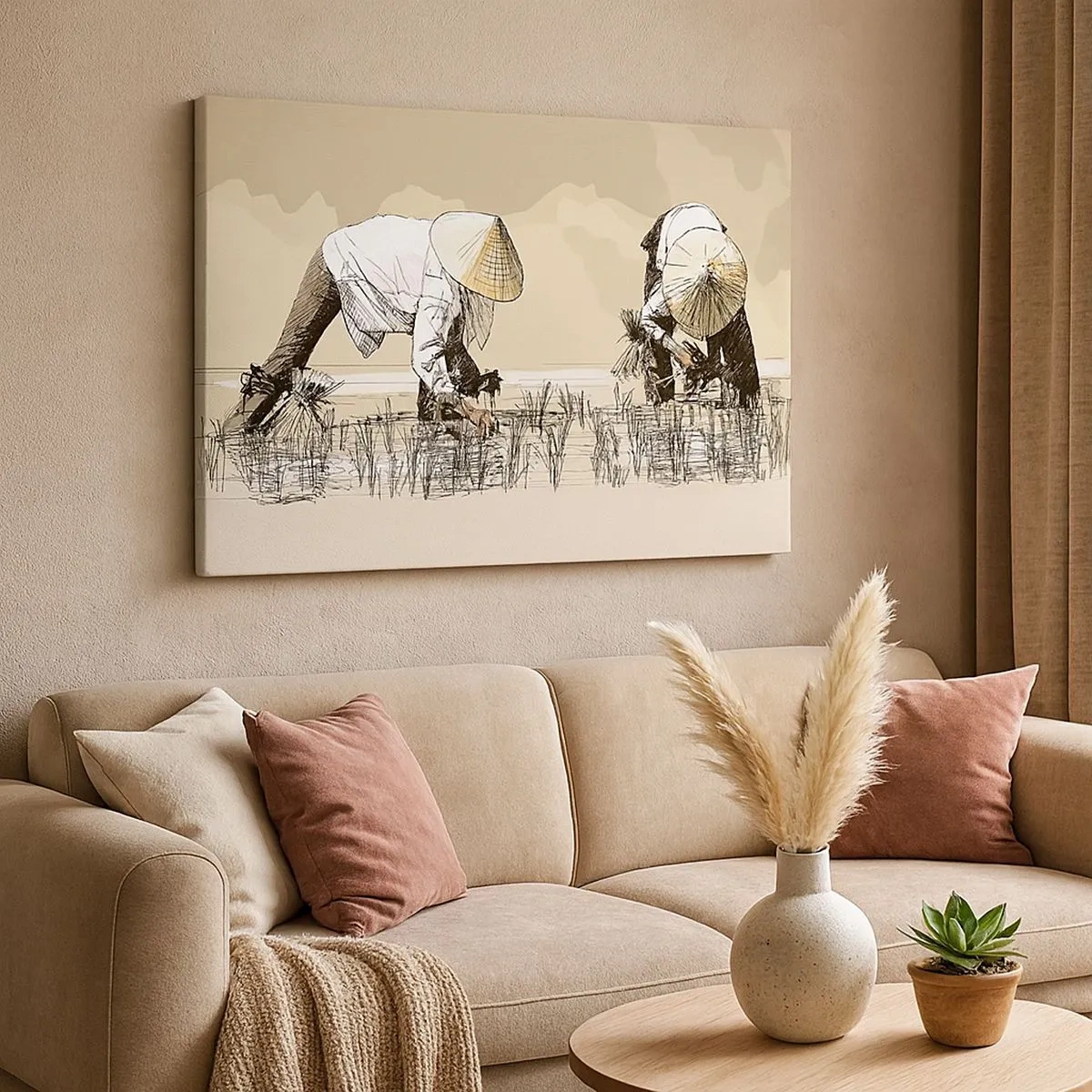 Tablou pe pânză Canvas - Fermieri care lucrează într-un câmp de orez purtând o coafură tradițională - 70x50cm - O recoltă reușită - Decorațiune modernă pentru perete pentru living și dormitor ARTTOR