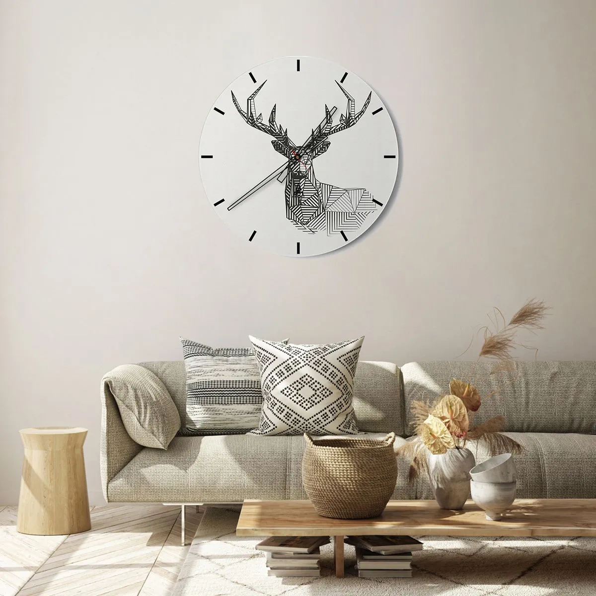 Ceas de perete - Ceas pe sticlă - Cerb liniar geometric pe un fundal deschis - 30x30cm - Cerb în stil cubist - Decorațiune modernă pentru perete pentru living, bucătărie și dormitor ARTTOR