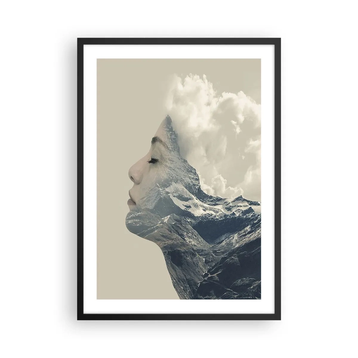 Poster în ramă neagră - Profilul unei femei care se contopește cu un peisaj montan - 50x70cm - Frumusețea elementelor - Decorațiune modernă pentru perete pentru living și dormitor ARTTOR