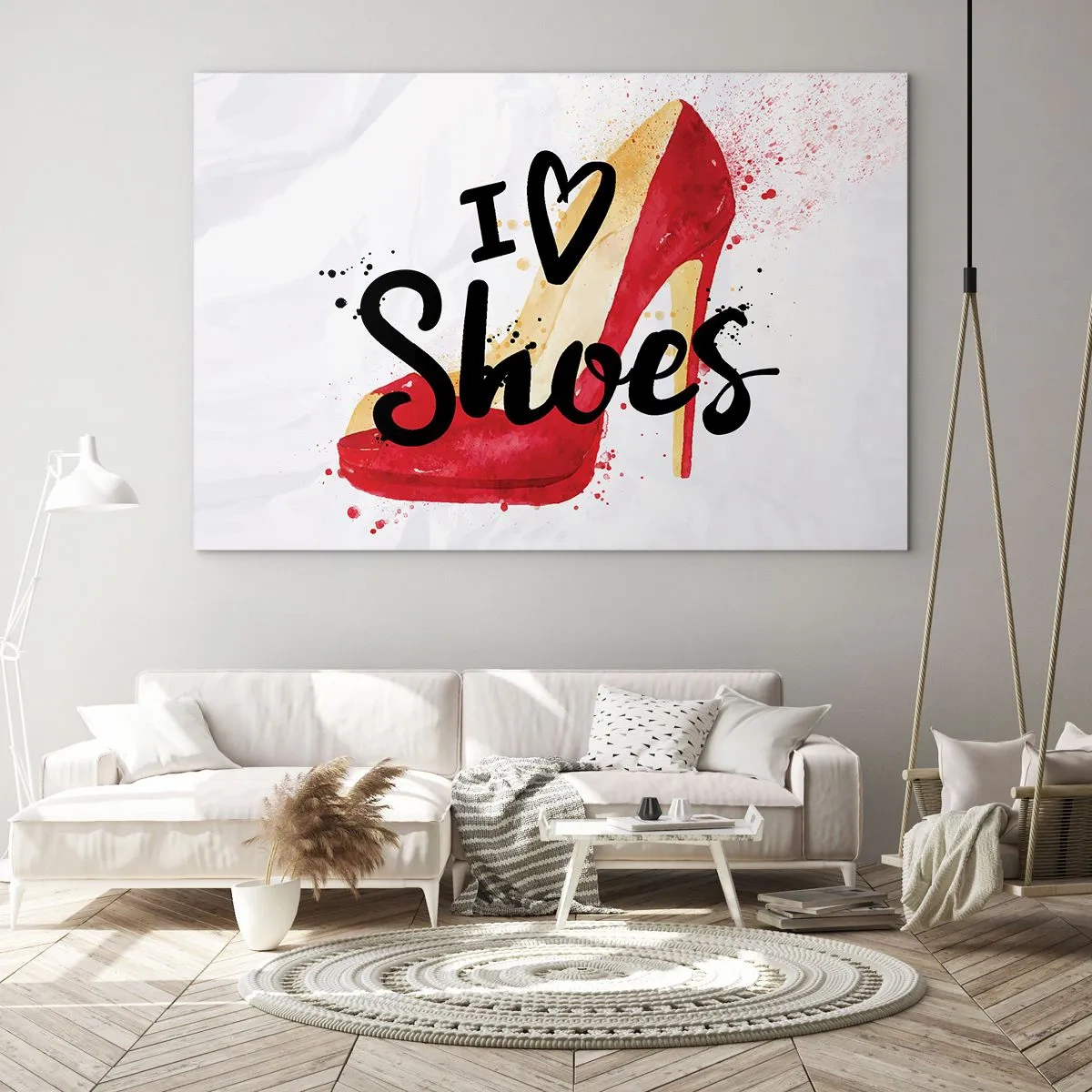 Tablou pe sticlă - Un toc înalt roșu și cuvintele „Îmi plac pantofii” pe un fundal deschis la culoare - 70x50cm - Dragostea are mai multe nume - Decorațiune modernă pentru perete pentru living și dormitor ARTTOR