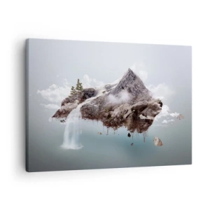 Tablou pe pânză Canvas - Un munte suprarealist plutind printre nori cu o cascadă - 70x50cm - Prin ochii unui suprarealist - Decorațiune modernă pentru perete pentru living și dormitor ARTTOR