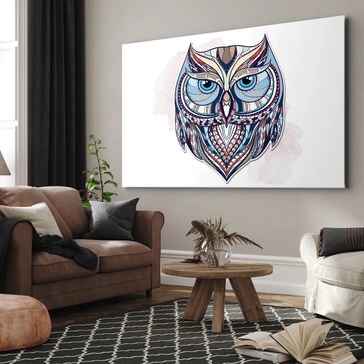 Tablou pe pânză Canvas - Bufniță geometrică în nuanțe de albastru și bej - 70x50cm - Bufniță ornamentală artistică - Decorațiune modernă pentru perete pentru living și dormitor ARTTOR