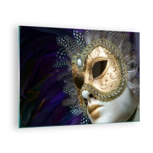 Tablou pe sticlă - Mască venețiană de aur cu pene pe fundal violet - 70x50cm - Portret venețian în aur - Decorațiune modernă pentru perete pentru living și dormitor ARTTOR