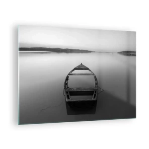 Tablou pe sticlă - O barcă veche pe o suprafață calmă a apei, în alb și negru - 70x50cm - Dor și melancolie - Decorațiune modernă pentru perete pentru living și dormitor ARTTOR