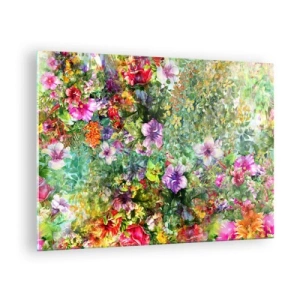 Tablou pe sticlă - Flori colorate într-o compoziție artistică - 70x50cm - Să ne pierdem în flori - Decorațiune modernă pentru perete pentru living și dormitor ARTTOR
