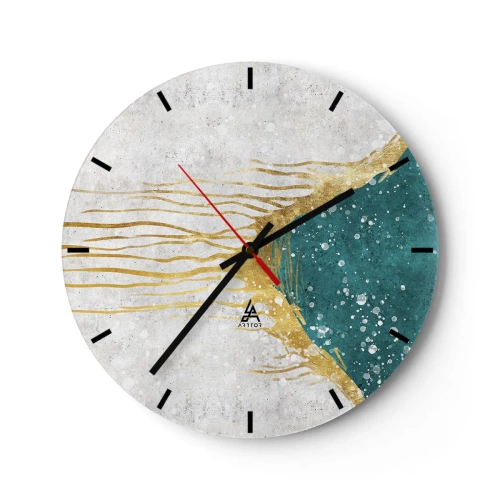 Ceas de perete - Ceas pe sticlă - Linii aurii și textură turcoaz pe fundal alb - 30x30cm - Mareea de aur - Decorațiune modernă pentru perete pentru living, bucătărie și dormitor ARTTOR