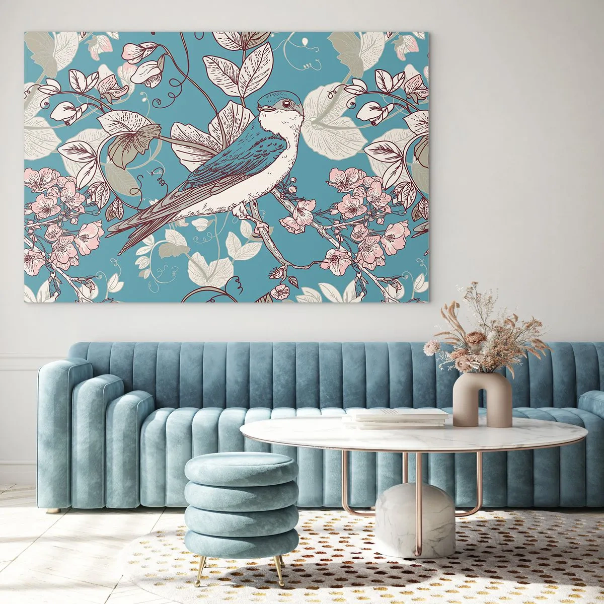 Tablou pe sticlă - pasăre pe o ramură printre flori pe un fundal turcoaz - 70x50cm - Ciripit în florile albe - Decorațiune modernă pentru perete pentru living și dormitor ARTTOR
