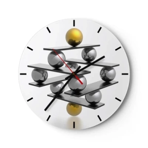 Ceas de perete - Ceas pe sticlă - O compoziție modernă de bile de aur și argint pe un fundal alb - 30x30cm - Balanța aur-argint - Decorațiune modernă pentru perete pentru living, bucătărie și dormitor ARTTOR
