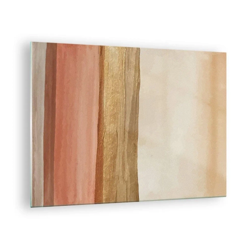 Tablou pe sticlă - Dungi abstracte în nuanțe calde de bej și auriu - 70x50cm - Compoziție verticală - Decorațiune modernă pentru perete pentru living și dormitor ARTTOR