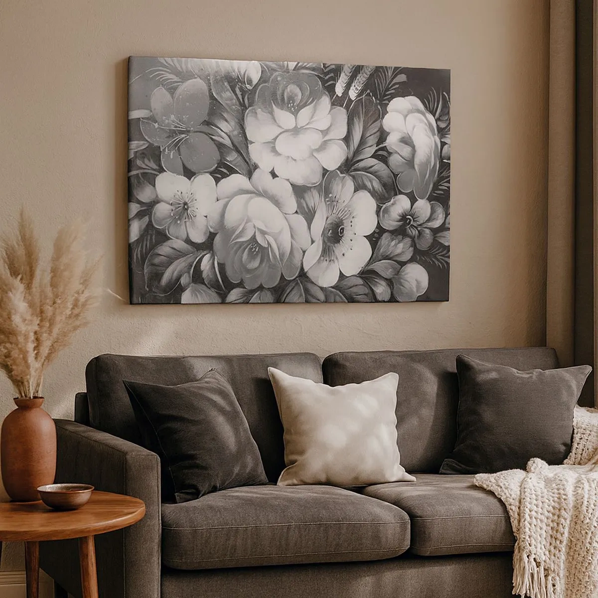 Tablou pe pânză Canvas - Flori albe și negre într-o compoziție clasică și elegantă - 70x50cm - Frumoase chiar și în gri - Decorațiune modernă pentru perete pentru living și dormitor ARTTOR