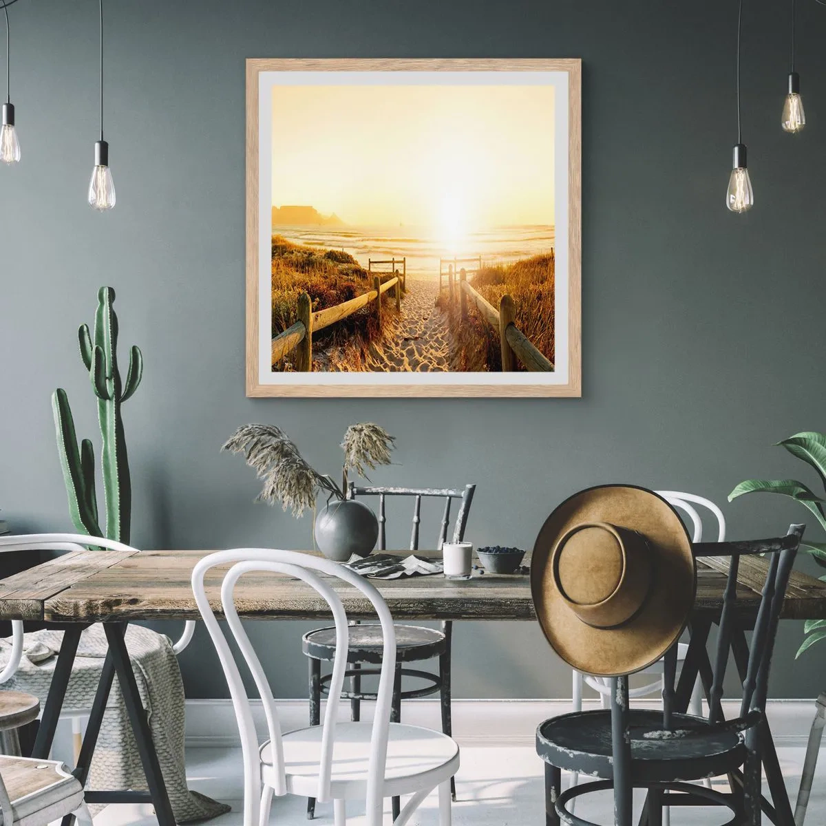 Poster în ramă de stejar deschis - Prin dune spre soare - 60x60 cm