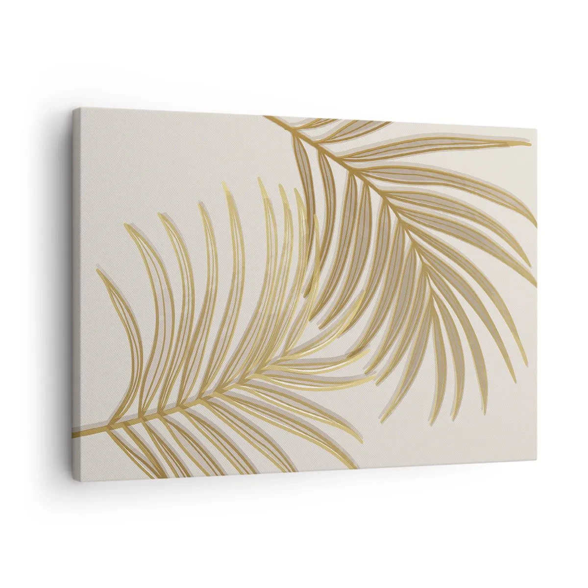 Tablou pe pânză Canvas - Frunze de palmier aurii pe un fundal deschis, într-un stil minimalist - 70x50cm - Palmier de aur! - Decorațiune modernă pentru perete pentru living și dormitor ARTTOR