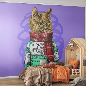 Tapet Standard Eco - O pisică într-un pulover de iarnă și o eșarfă pe un fundal violet - 100x70cm - Motanul nu numai încălțat - Decorațiune modernă pentru perete pentru living și dormitor ARTTOR