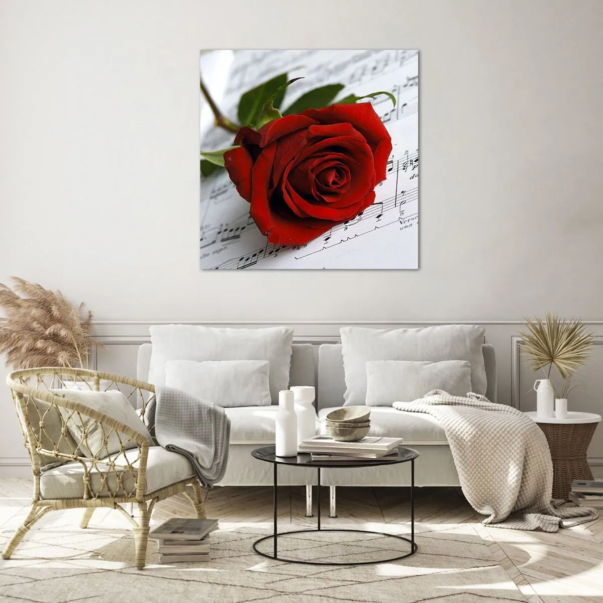 Tablou pe sticlă - Muzica sentimentelor în stacojiu - 50x50 cm