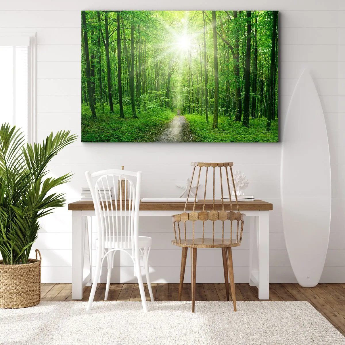 Tablou pe pânză Canvas - Cale în pădure cu raze de soare - 70x50cm - Catedrala verde - Decorațiune modernă pentru perete pentru living și dormitor ARTTOR