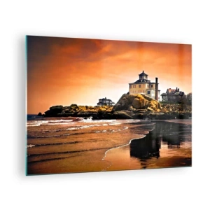 Tablou pe sticlă - Casă pe o stâncă cu vedere la mare la apus - 70x50cm - Eleganța coastei de vest - Decorațiune modernă pentru perete pentru living și dormitor ARTTOR