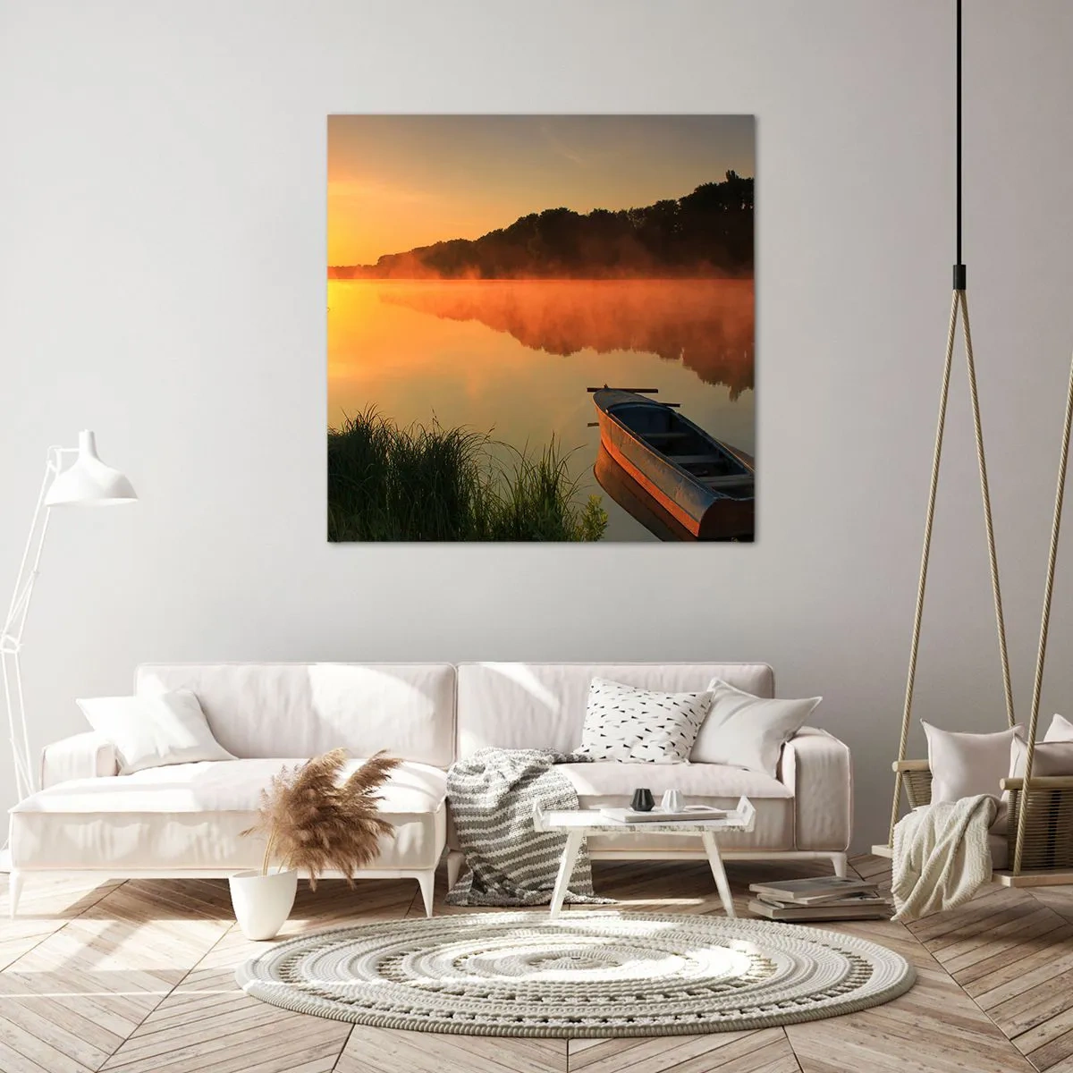 Tablou pe pânză - Răsăritul soarelui peste apă ca un strat de oglindă - 60x60 cm
