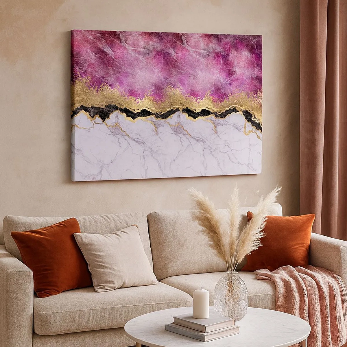 Tablou pe pânză Canvas - Marmură abstractă în nuanțe de roz cu accente aurii - 70x50cm - La graniță - Decorațiune modernă pentru perete pentru living și dormitor ARTTOR