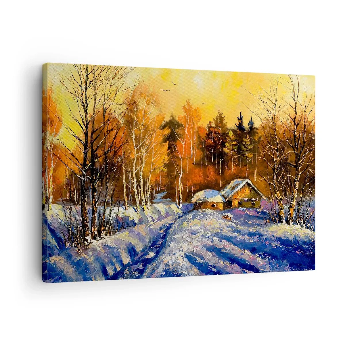 Tablou pe pânză Canvas - Peisaj de iarnă cu o casă în lumina soarelui care apune - 70x50cm - Impresie de iarnă în soare - Decorațiune modernă pentru perete pentru living și dormitor ARTTOR