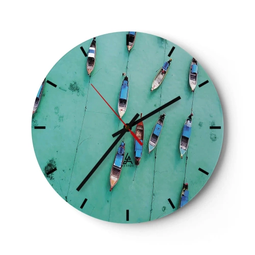 Ceas de perete - Ceas pe sticlă - Vedere aeriană a bărcilor plutitoare pe apa turcoaz - 30x30cm - În așteptare - Decorațiune modernă pentru perete pentru living, bucătărie și dormitor ARTTOR