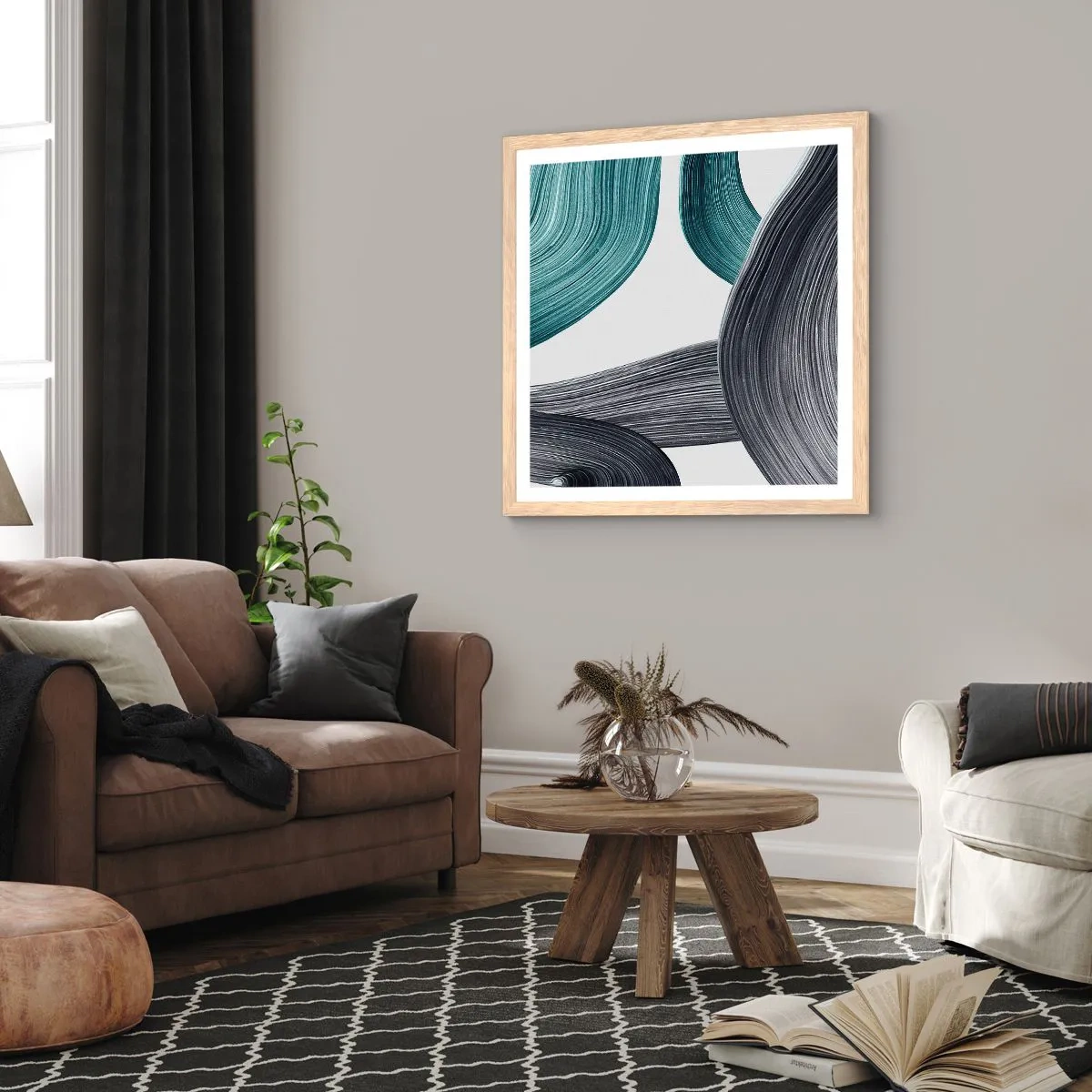 Poster în ramă de stejar deschis - Trasee de smarald și negru - 60x60 cm