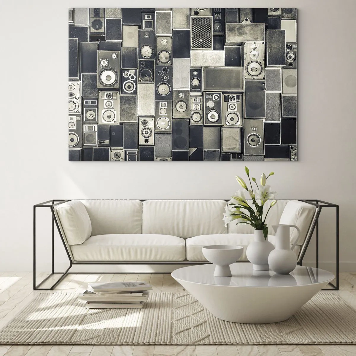 Tablou pe sticlă - compoziție de difuzoare retro în nuanțe de gri - 70x50cm - Și totul este în regulă - Decorațiune modernă pentru perete pentru living și dormitor ARTTOR