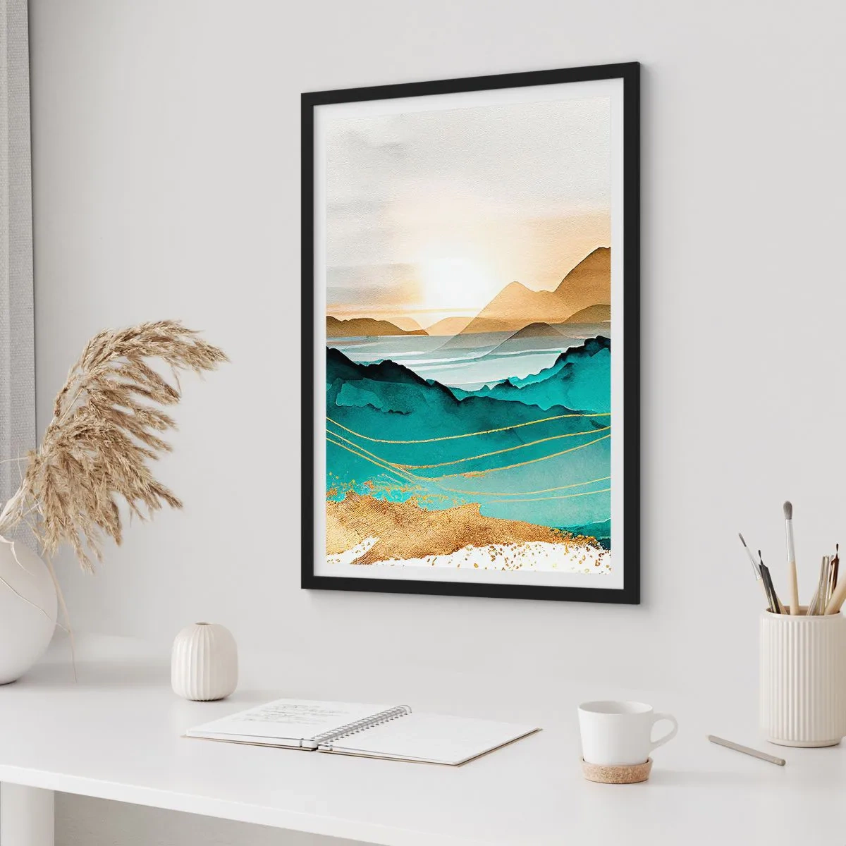 Poster în ramă neagră - Un peisaj montan pitoresc în nuanțe de turcoaz și auriu - 50x70cm - La limita abstracției - peisaj - Decorațiune modernă pentru perete pentru living și dormitor ARTTOR