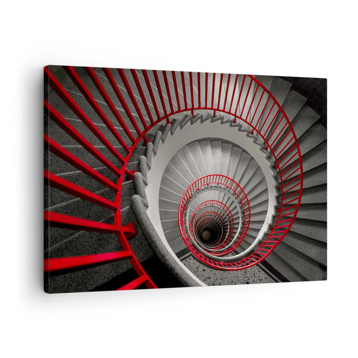 Tablou pe pânză Canvas - Scară spiralată cu balustrade roșii într-o perspectivă dinamică - 70x50cm - Jocuri arhitecturale - Decorațiune modernă pentru perete pentru living și dormitor ARTTOR