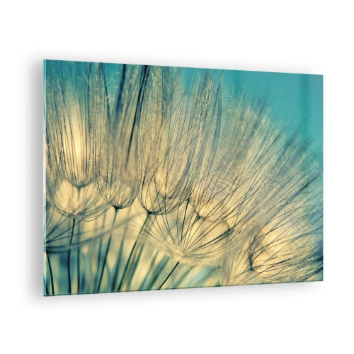 Tablou pe sticlă - Fotografie macro a unei păpădii pe un fundal turcoaz - 70x50cm - Așteptând vântul - Decorațiune modernă pentru perete pentru living și dormitor ARTTOR