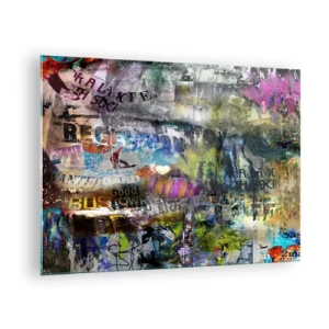 Tablou pe sticlă - Colaj graffiti abstract colorat - 70x50cm - Colaj de amintiri - Decorațiune modernă pentru perete pentru living și dormitor ARTTOR