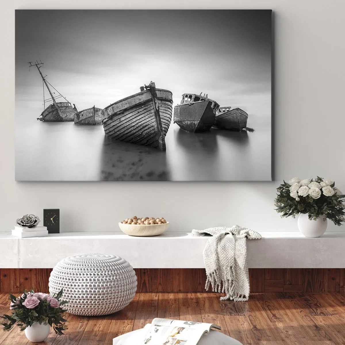 Tablou pe pânză Canvas - Bărci abandonate pe ape calme - 70x50cm - Acum sunt doar amintiri... - Decorațiune modernă pentru perete pentru living și dormitor ARTTOR
