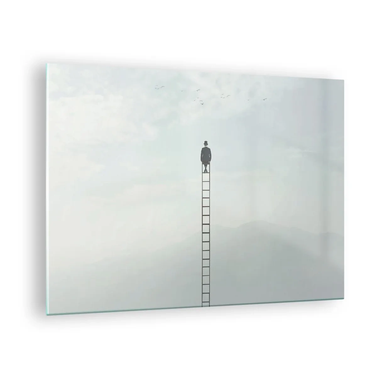 Tablou pe sticlă - Silueta unui bărbat în vârful unei scări printre nori - 70x50cm - Fii deasupra - Decorațiune modernă pentru perete pentru living și dormitor ARTTOR
