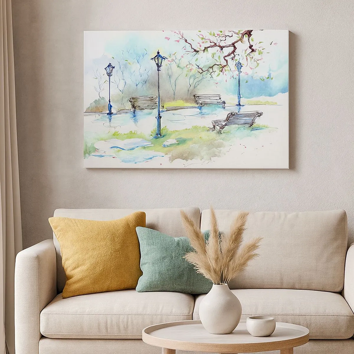 Tablou pe pânză Canvas - Scenă de parc în acuarelă cu bănci și lămpi - 70x50cm - Magia liniștii din parc - Decorațiune modernă pentru perete pentru living și dormitor ARTTOR