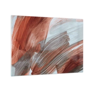 Tablou pe sticlă - Tușe dinamice în culori calde de toamnă și albastru rece. - 70x50cm - Abstracție autumnală și vântoasă - Decorațiune modernă pentru perete pentru living și dormitor ARTTOR