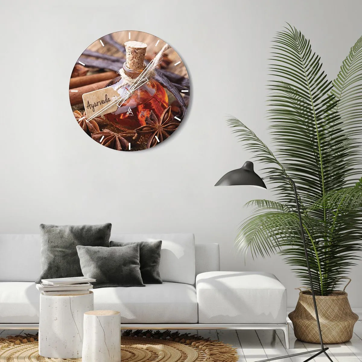 Ceas de perete - Ceas pe sticlă - O sticlă de condimente înconjurată de anason și vanilie - 30x30cm - Unitatea trupului și a spiritului - Decorațiune modernă pentru perete pentru living, bucătărie și dormitor ARTTOR