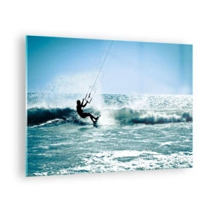Tablou pe sticlă - Kitesurfer pe valurile oceanului într-o zi însorită - 70x50cm - Lasă-te dus de val - Decorațiune modernă pentru perete pentru living și dormitor ARTTOR