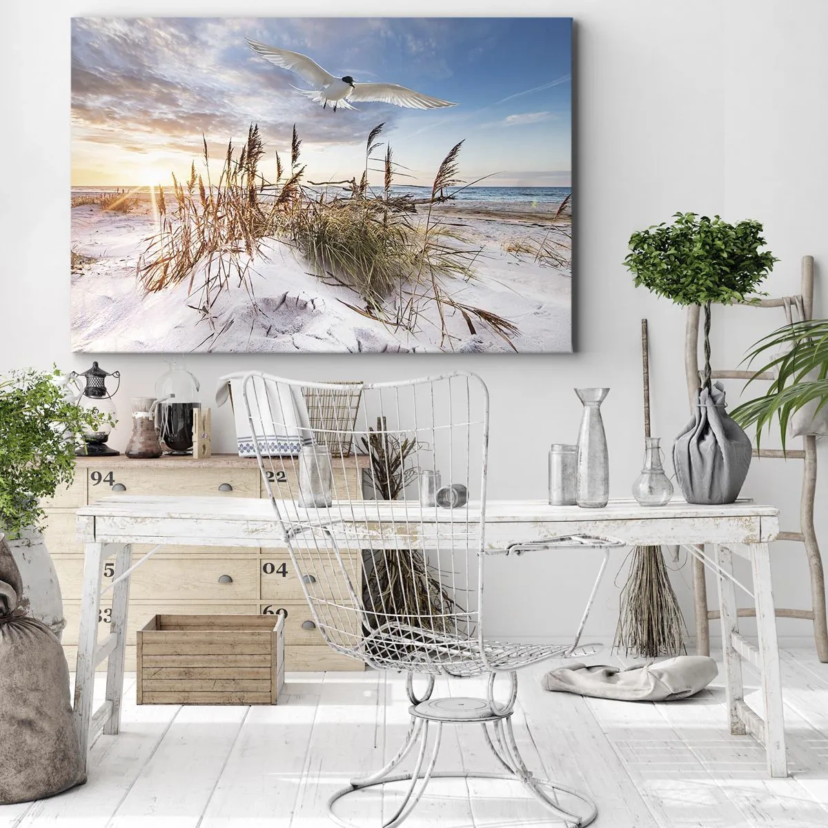 Tablou pe pânză Canvas - Plajă cu pescăruși zburând la apus - 70x50cm - Vânt dinspre mare - Decorațiune modernă pentru perete pentru living și dormitor ARTTOR