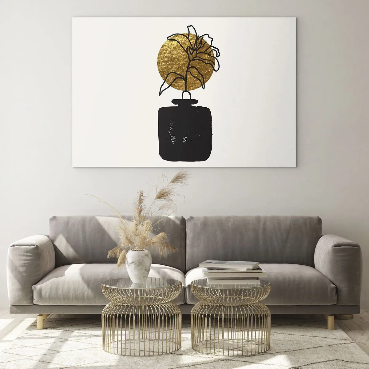 Tablou pe sticlă - Grafică minimalistă cu o floare într-un cerc auriu și o vază neagră - 70x50cm - Cât cântărește aurul? - Decorațiune modernă pentru perete pentru living și dormitor ARTTOR