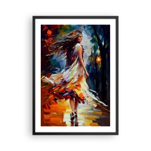 Poster în ramă neagră - femeie dansând printre frunze colorate de toamnă - 50x70cm - Fata toamnei - Decorațiune modernă pentru perete pentru living și dormitor ARTTOR