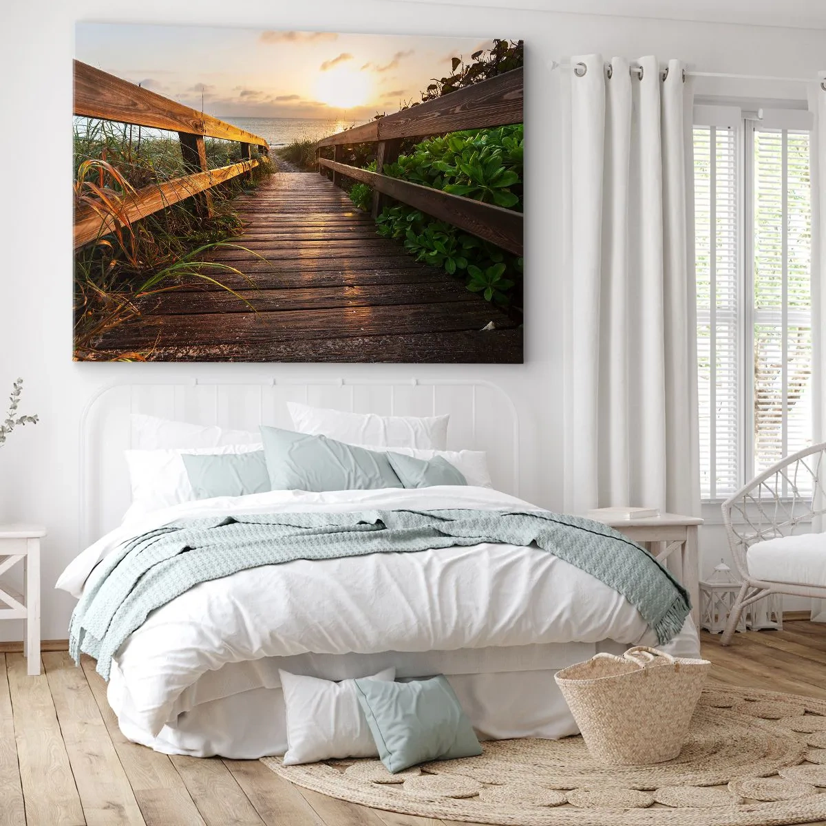 Tablou pe pânză Canvas - Debarcader din lemn care duce la plajă la apus - 70x50cm - Și direct la țărm - Decorațiune modernă pentru perete pentru living și dormitor ARTTOR