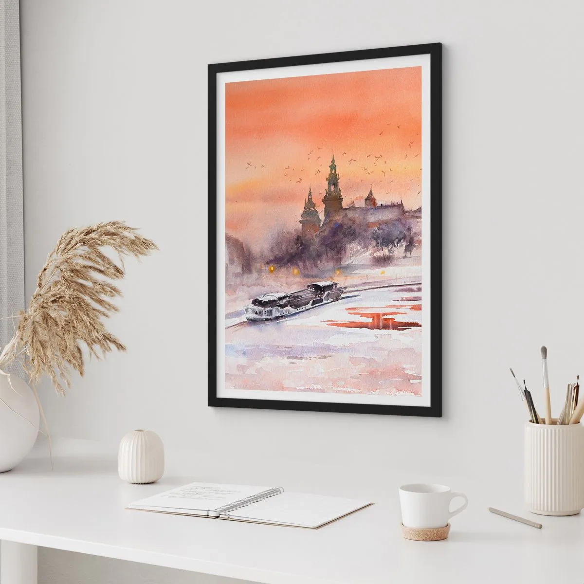 Poster în ramă neagră - Apus de soare pe un peisaj urban în acuarelă - 50x70cm - Apus de soare regal - Decorațiune modernă pentru perete pentru living și dormitor ARTTOR