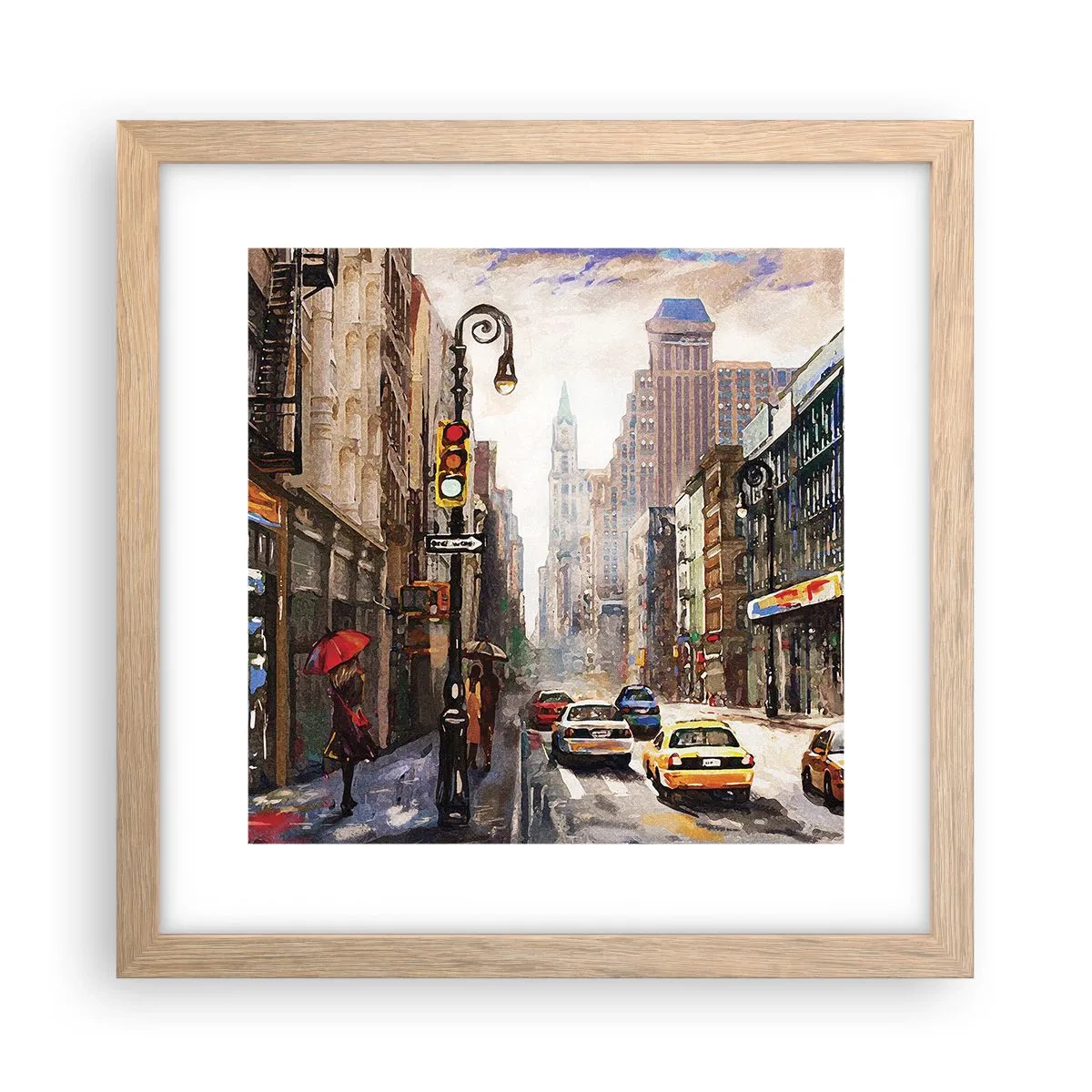 Poster în ramă de stejar deschis - New York - plin de culoare și în ploaie - 30x30 cm
