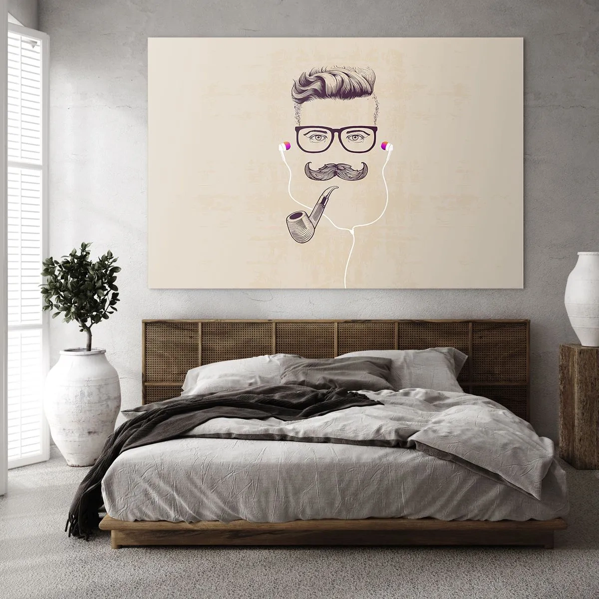 Tablou pe sticlă - Un desen al unui bărbat stilizat cu ochelari, mustață și pipă. - 70x50cm - Un bărbat adevărat? - Decorațiune modernă pentru perete pentru living și dormitor ARTTOR