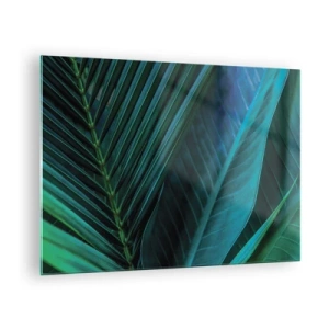 Tablou pe sticlă - Detalii frunze tropicale verde închis - 70x50cm - Anatomia verdelui - Decorațiune modernă pentru perete pentru living și dormitor ARTTOR